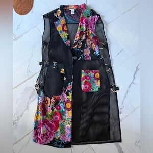 Floral Patchwork Mesh Long Vest - Black with Multicolor bikini cover vest